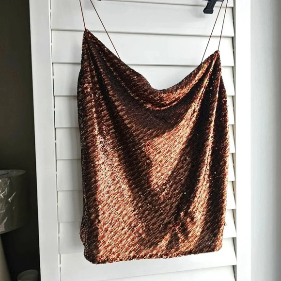 ASTR The Label Mai Sequin Spagetti Straps Waterfall Cami Top  Bronze siz… - Picture 3 of 9